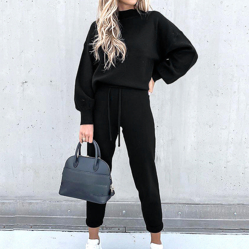 Dames Huispak met Rolkraag en Hoge Taille Broek voor de Herfst en Winter Zwart