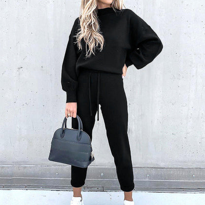 Dames Huispak met Rolkraag en Hoge Taille Broek voor de Herfst en Winter Zwart