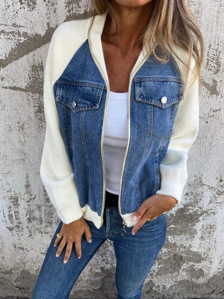 Dames Jacket met V-hals, Contrastpanelen en Casual Silhouet Blauw