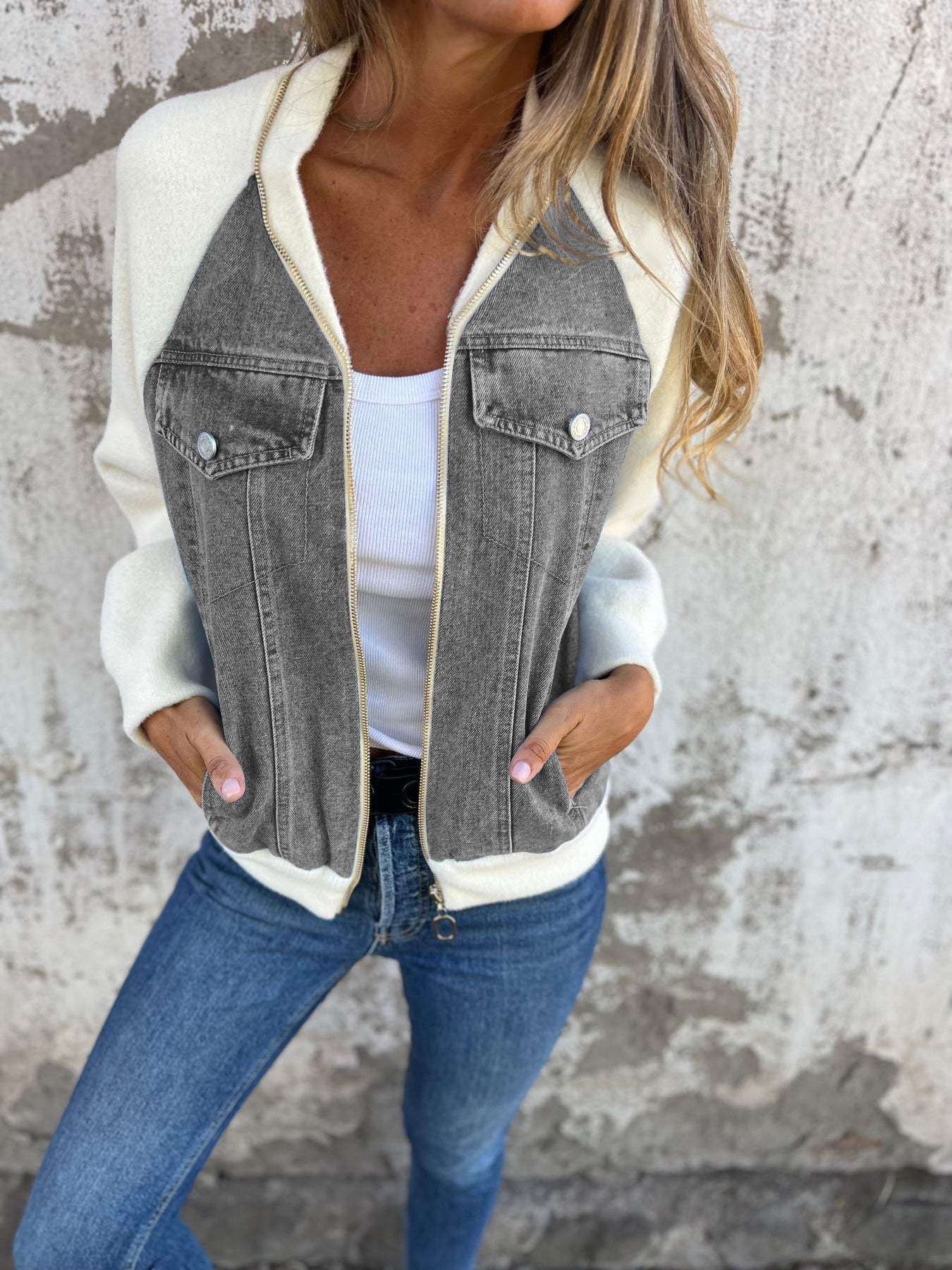 Dames Jacket met V-hals, Contrastpanelen en Casual Silhouet Grijs