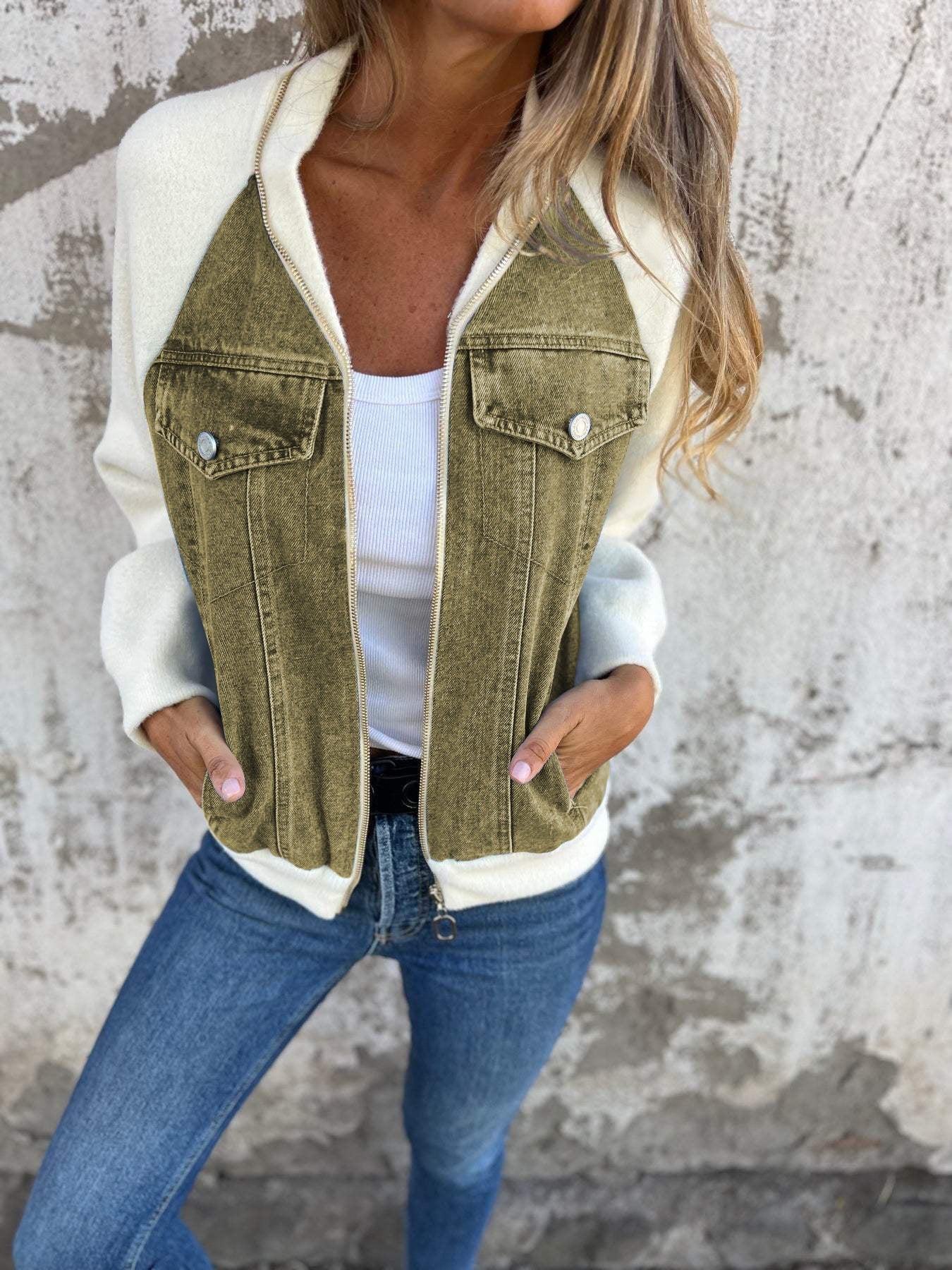 Dames Jacket met V-hals, Contrastpanelen en Casual Silhouet Olijfgroen