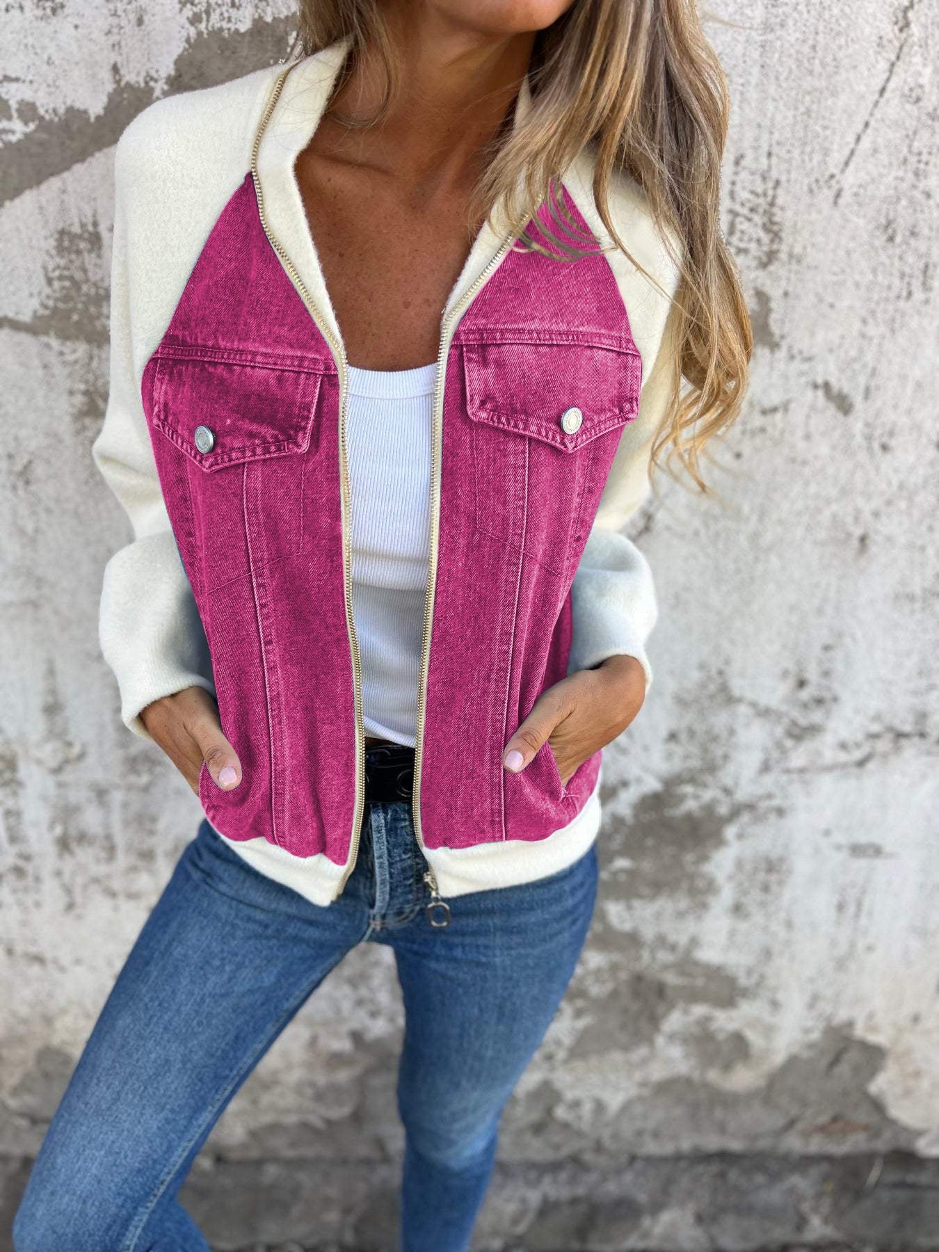 Dames Jacket met V-hals, Contrastpanelen en Casual Silhouet Lichtpaars