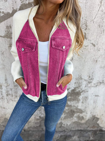 Dames Jacket met V-hals, Contrastpanelen en Casual Silhouet Lichtpaars
