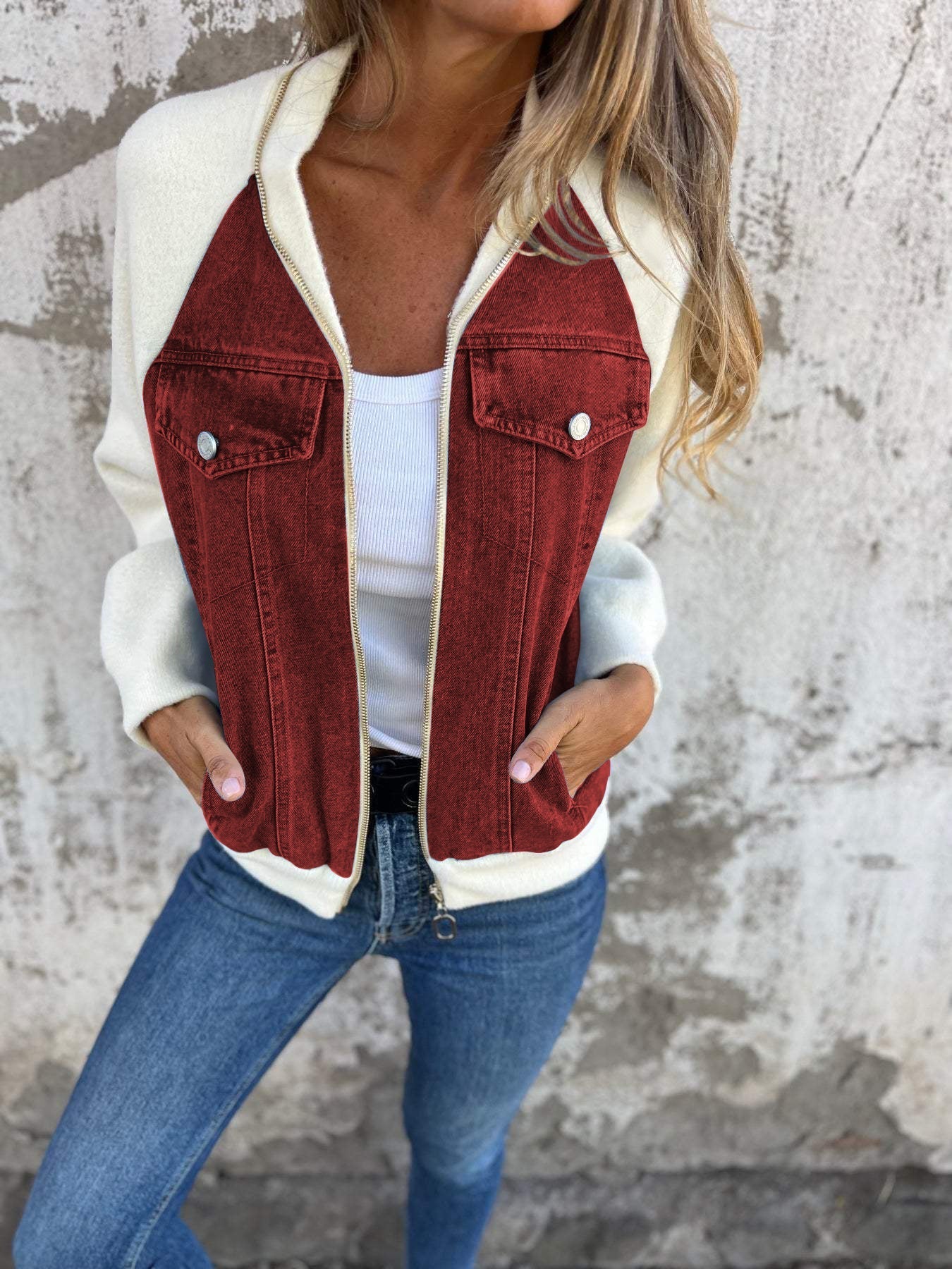 Dames Jacket met V-hals, Contrastpanelen en Casual Silhouet Rood