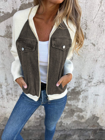 Dames Jacket met V-hals, Contrastpanelen en Casual Silhouet Bruin