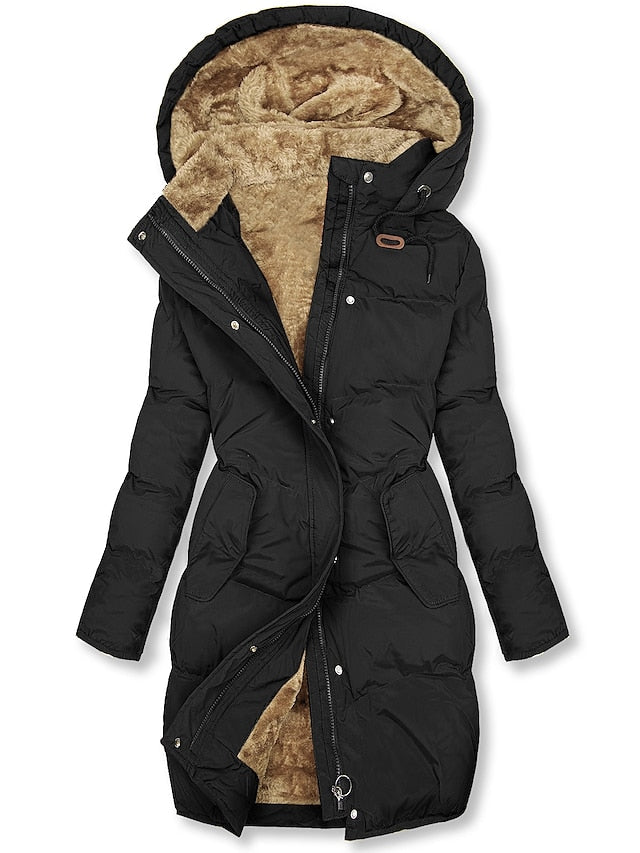 Dames Lange Parka Winterjas Fleece met Capuchon Zwart