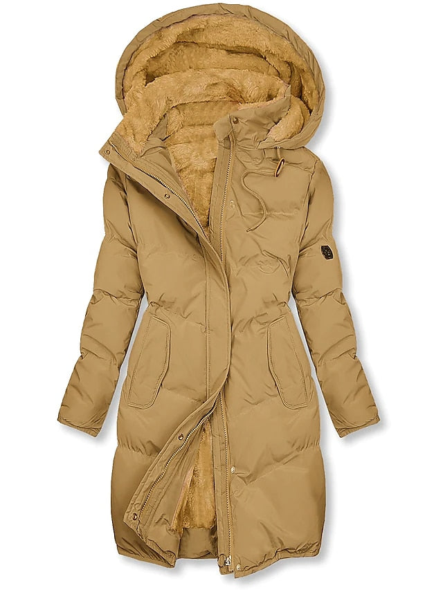 Dames Lange Parka Winterjas Fleece met Capuchon Lichtbruin