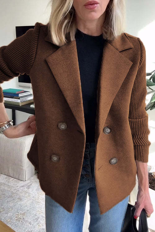 Dames Double Breasted Blazer Gebreid met Reverskraag Donkerbruin