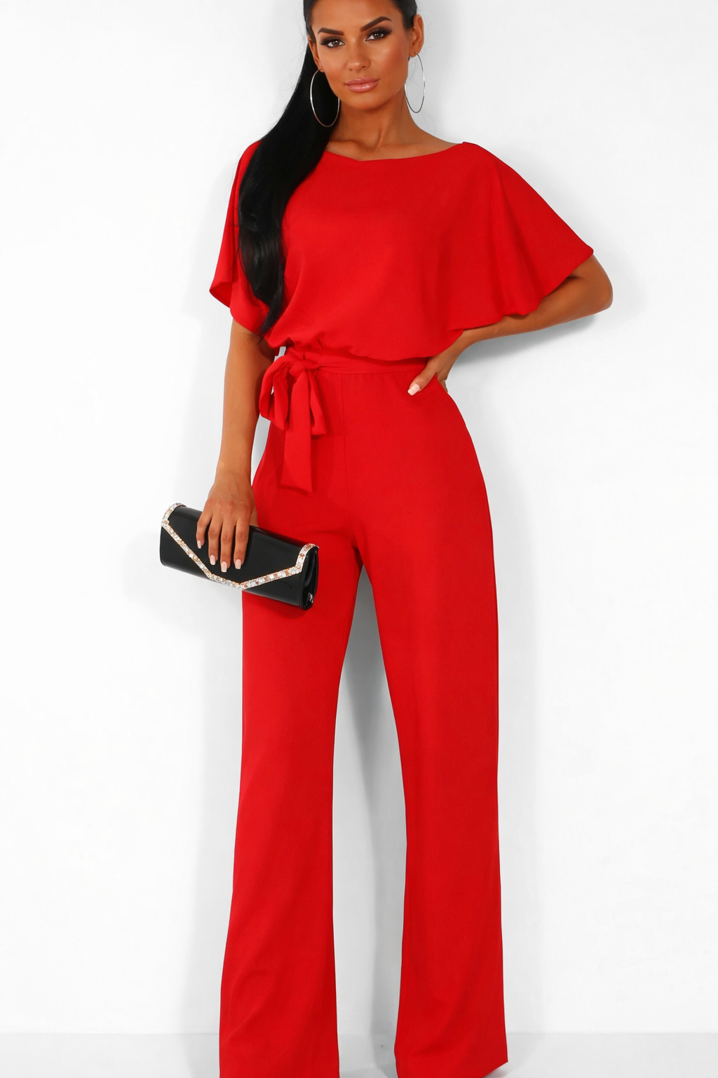 Dames Jumpsuit Korte Mouw met Ronde Hals en Strikceintuur Rood