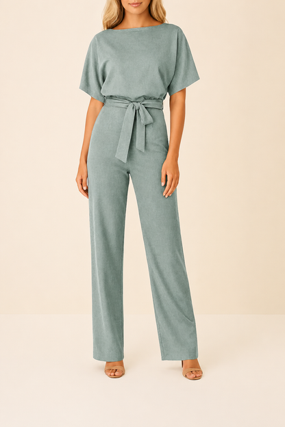 Dames Jumpsuit Korte Mouw met Ronde Hals en Strikceintuur