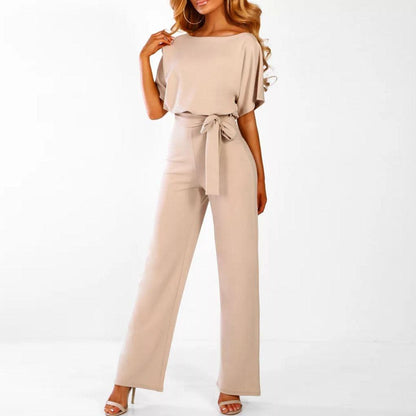 Dames Jumpsuit Korte Mouwen met Ceintuur Beige
