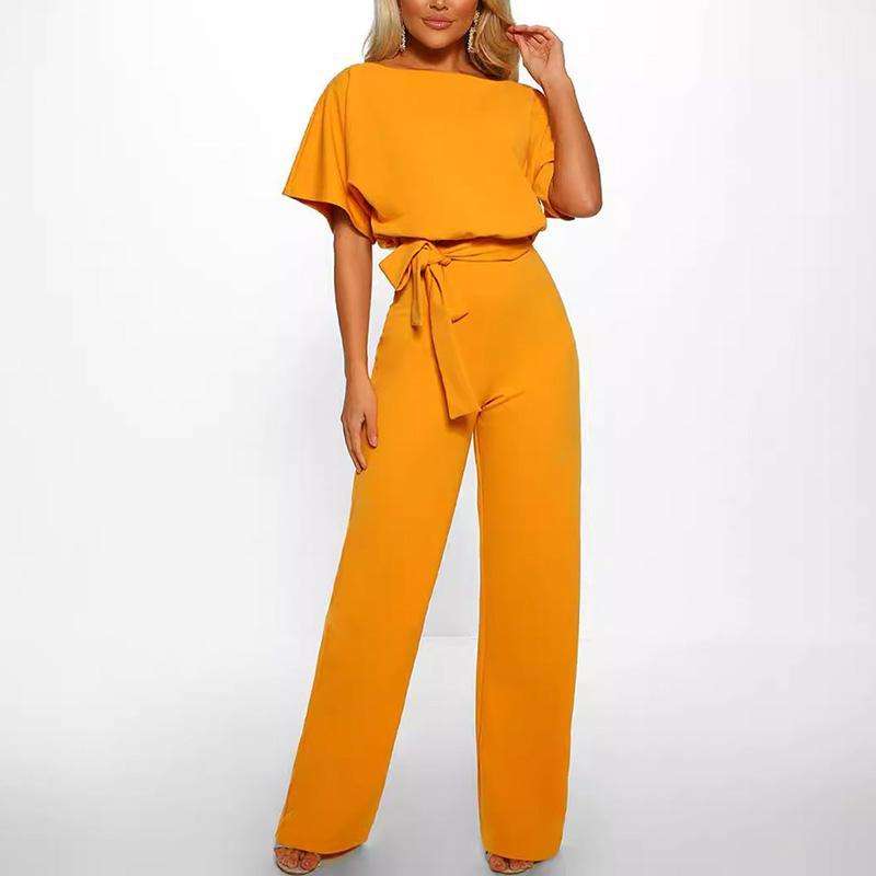 Dames Jumpsuit Korte Mouwen met Ceintuur Geel