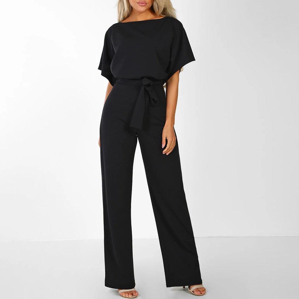 Dames Jumpsuit Korte Mouwen met Ceintuur Zwart