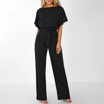 Dames Jumpsuit Korte Mouwen met Ceintuur Zwart