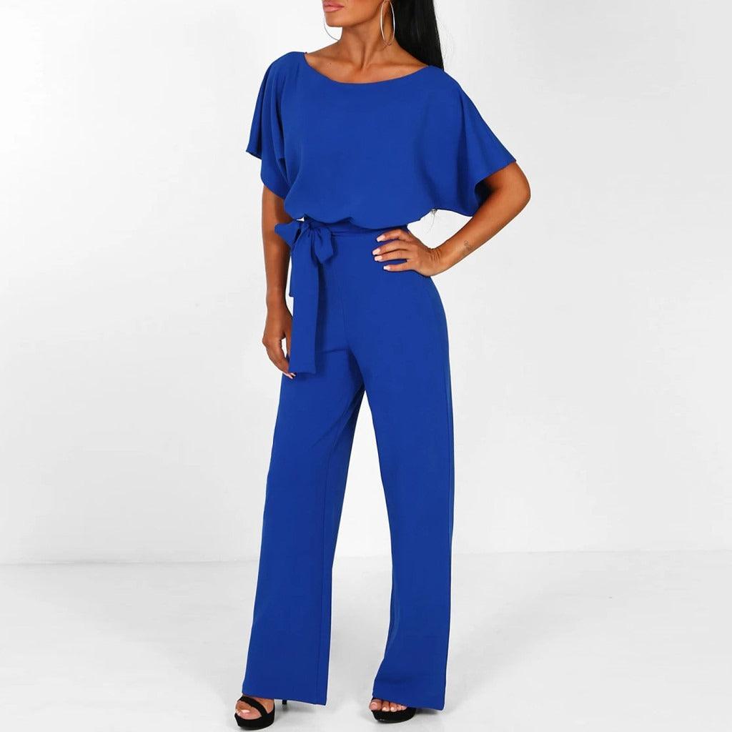 Dames Jumpsuit Korte Mouwen met Ceintuur Blauw