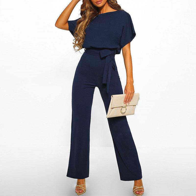 Dames Jumpsuit Korte Mouwen met Ceintuur Donkerblauw