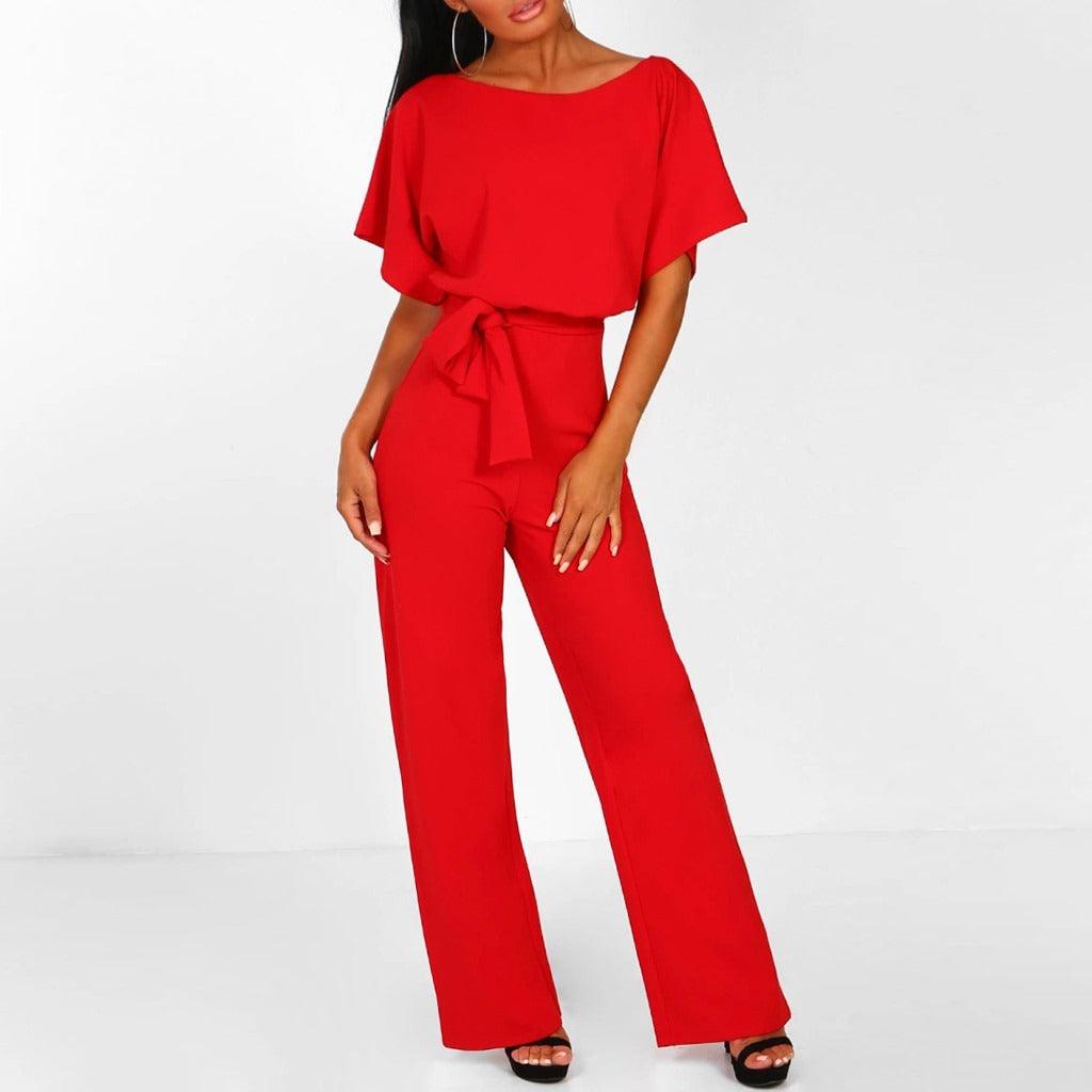 Dames Jumpsuit Korte Mouwen met Ceintuur Rood