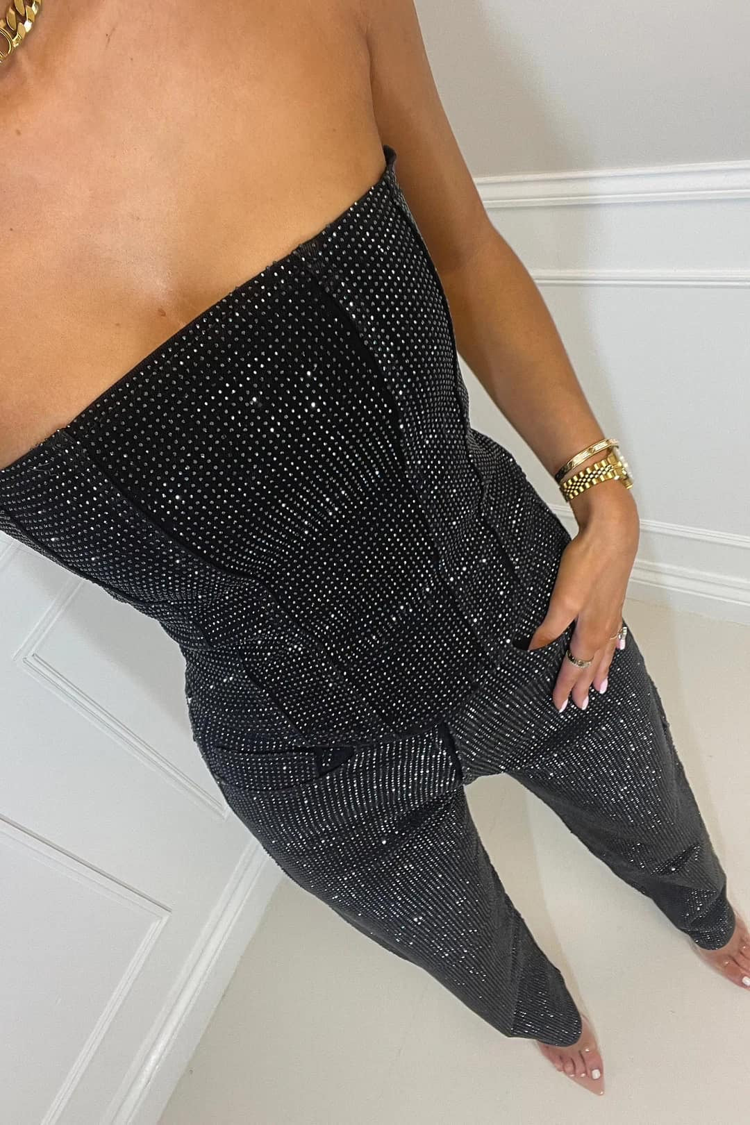Dames Strapless Jumpsuit met Glitterdetails