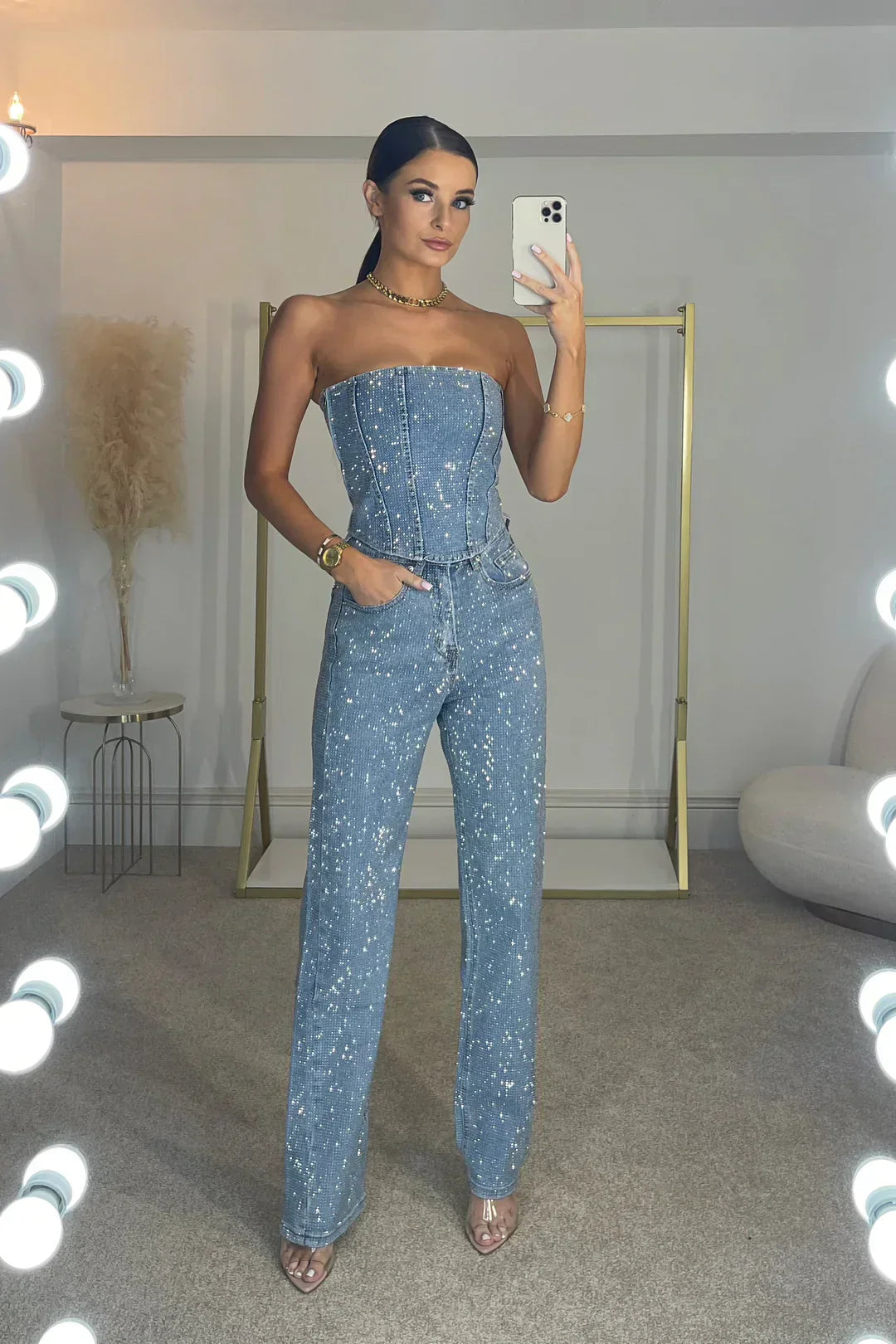 Dames Strapless Jumpsuit met Glitterdetails Lichtblauw