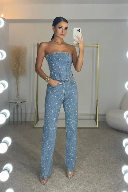 Dames Strapless Jumpsuit met Glitterdetails Lichtblauw