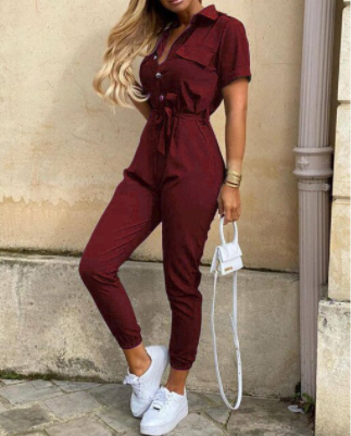 Dames Jumpsuit Cargo Overall met Knoopsluiting Wijnrood