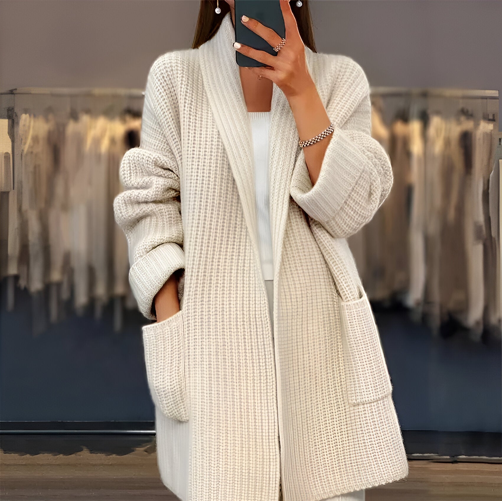 Dames Lang Vest met Losse Pasvorm en Diepe Zakken 0