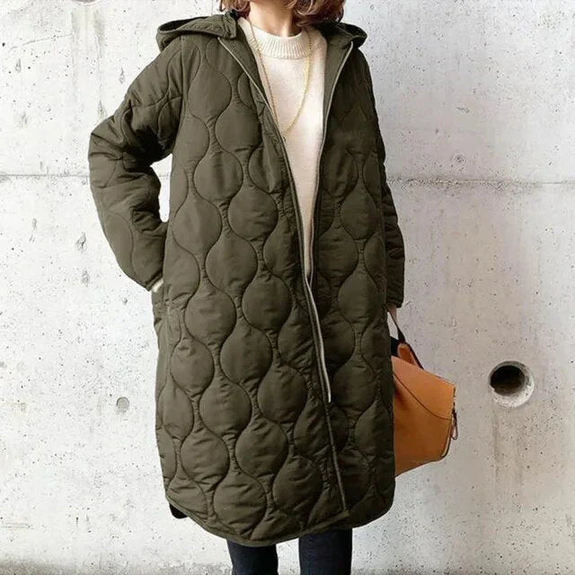 Dames Lange Pufferjas met Capuchon en Volledige Ritssluiting voor de Winter Donkergroen