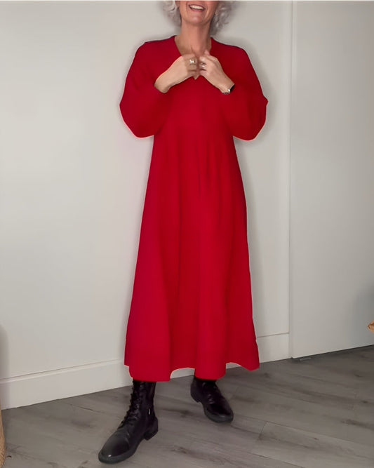 Dames Lange Jurk met V-Hals En Lange Mouwen Rood