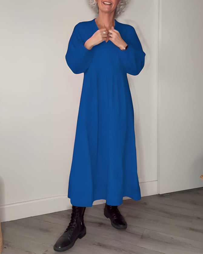 Dames Lange Jurk met V-Hals En Lange Mouwen Blauw
