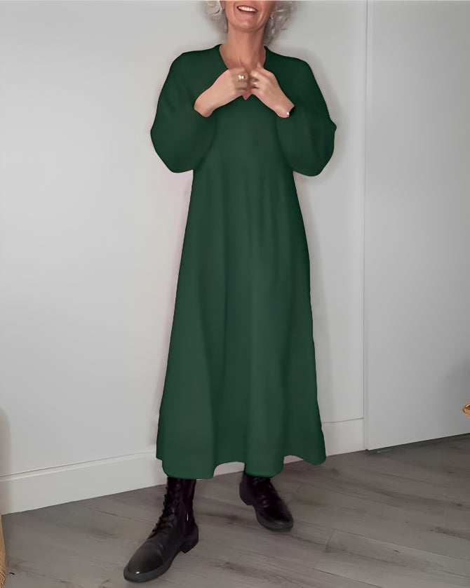 Dames Lange Jurk met V-Hals En Lange Mouwen Groen