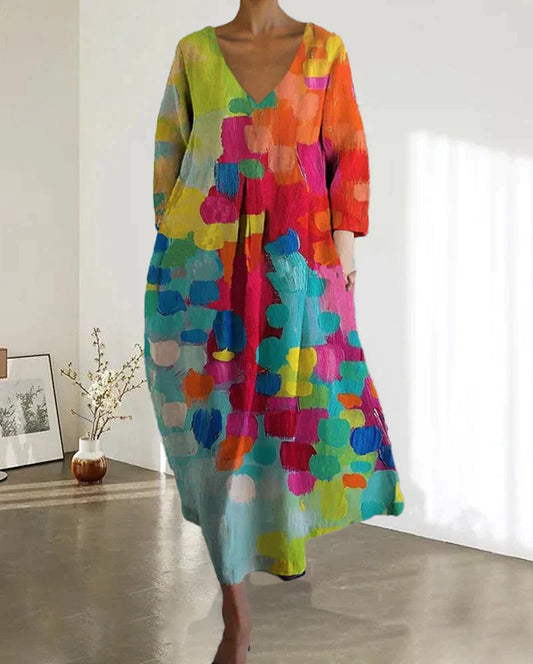 Dames Lange Jurk met V-hals en Kleurrijke Print Groen Rood