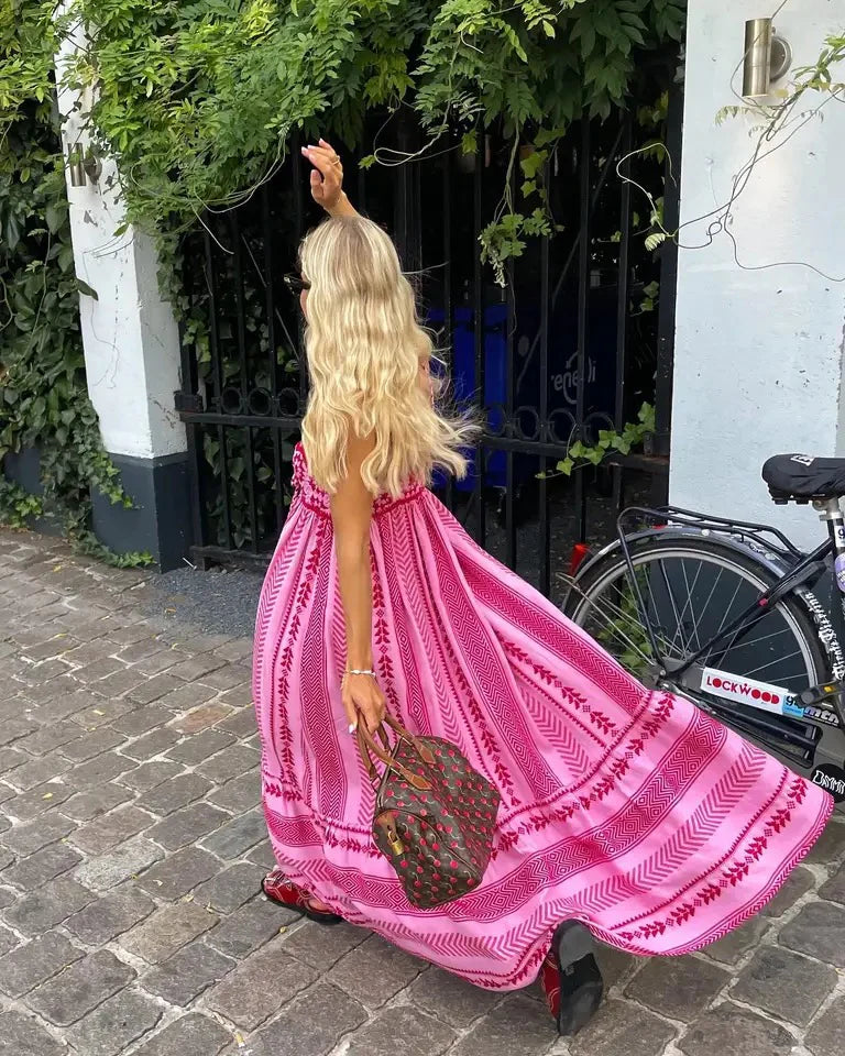Dames Lange Zomerjurk met Rechte Halslijn en Borduurwerk Roze