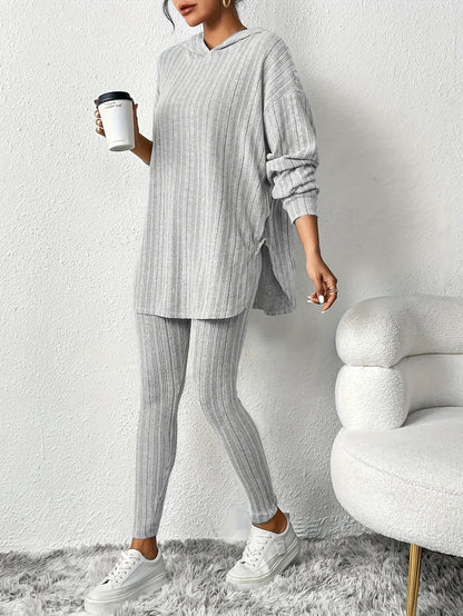Dames Lounge Set met Geribbelde Oversized Top en Hoge Taille Legging Grijs