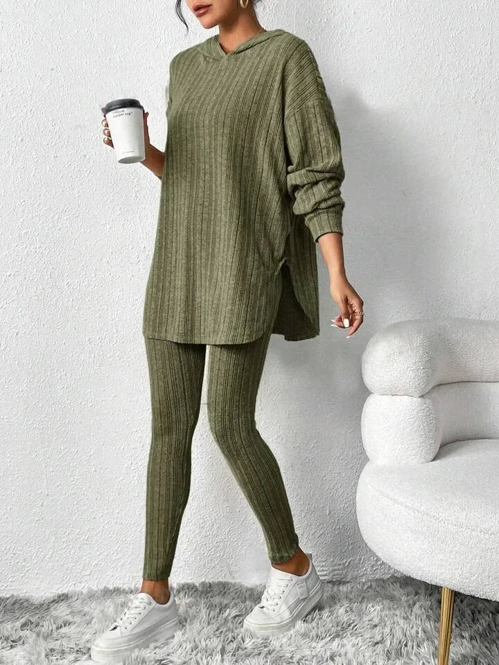 Dames Lounge Set met Geribbelde Oversized Top en Hoge Taille Legging Groen