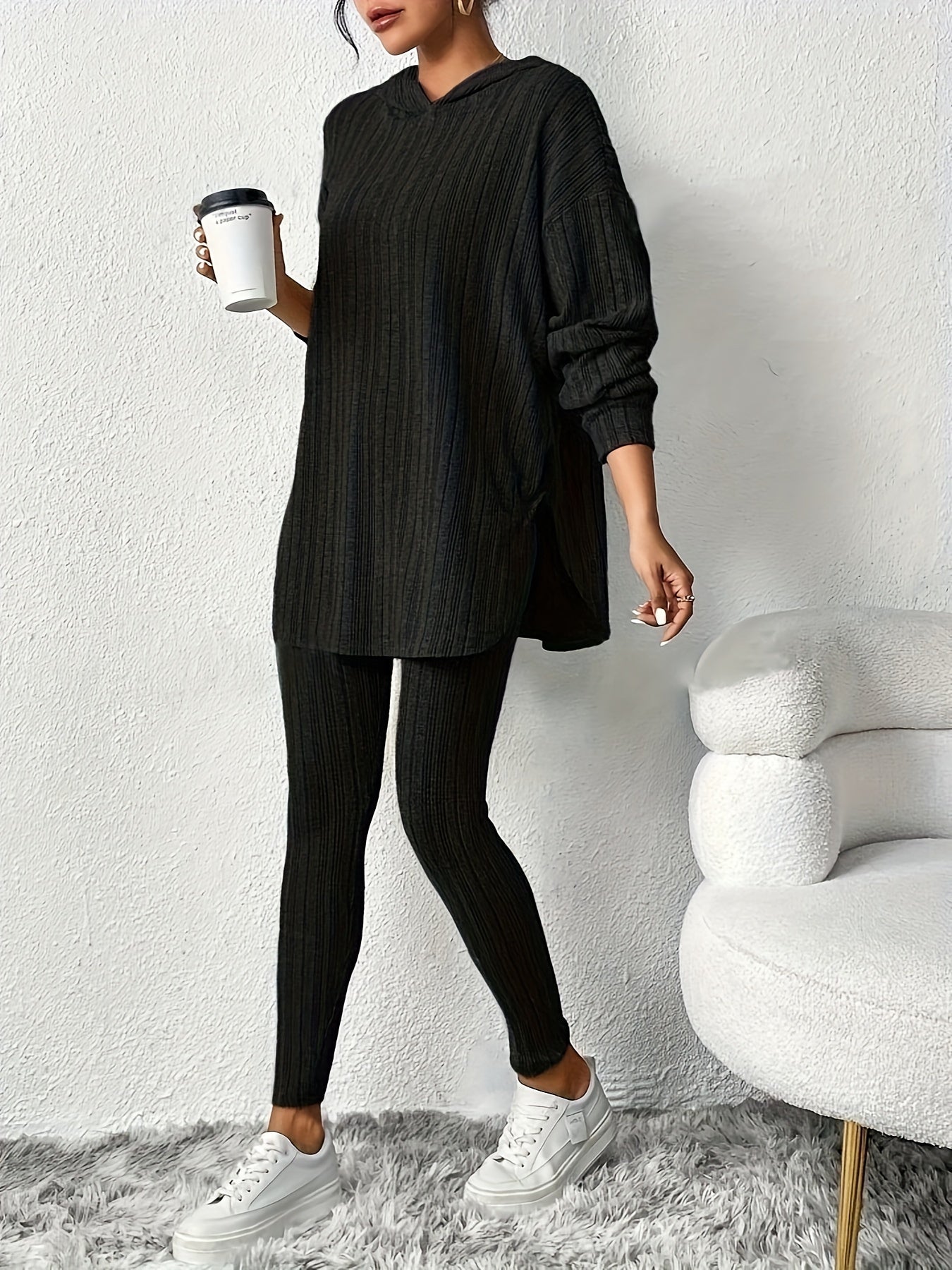 Dames Lounge Set met Geribbelde Oversized Top en Hoge Taille Legging Zwart