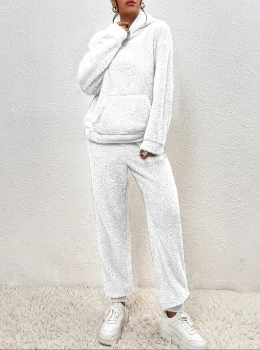 Dames Teddy Loungewear Set met Hoodie en Lange Broek Wit
