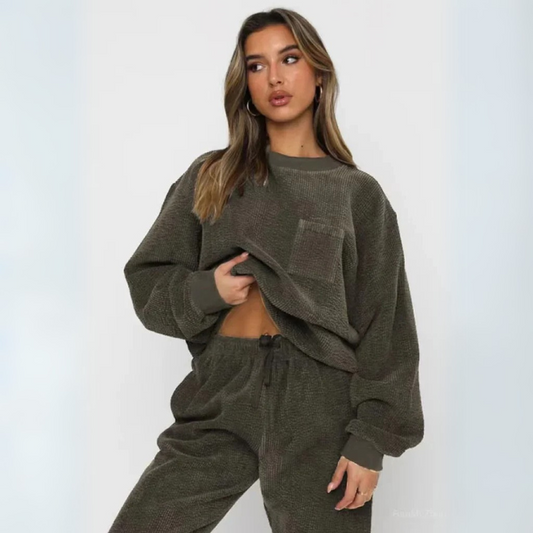Dames Loungewear Set met Relaxed Fit en Corduroy Textuur 0