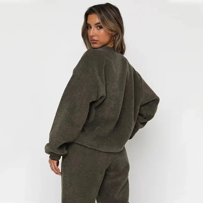 Dames Fleece Loungewear Set Relaxed Fit met Corduroy Textuur