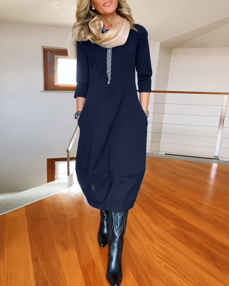 Dames Maxi Jurk met Ronde Hals en Lange Mouwen Marineblauw