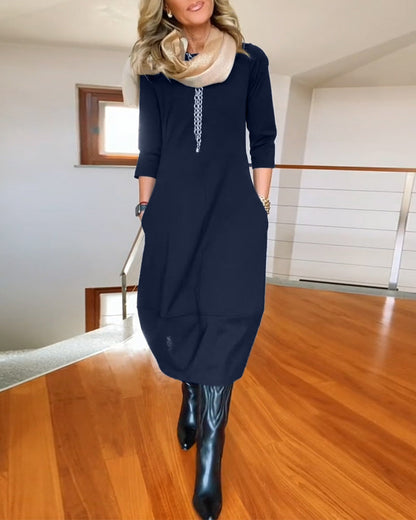 Dames Maxi Jurk met Ronde Hals en Lange Mouwen Marineblauw