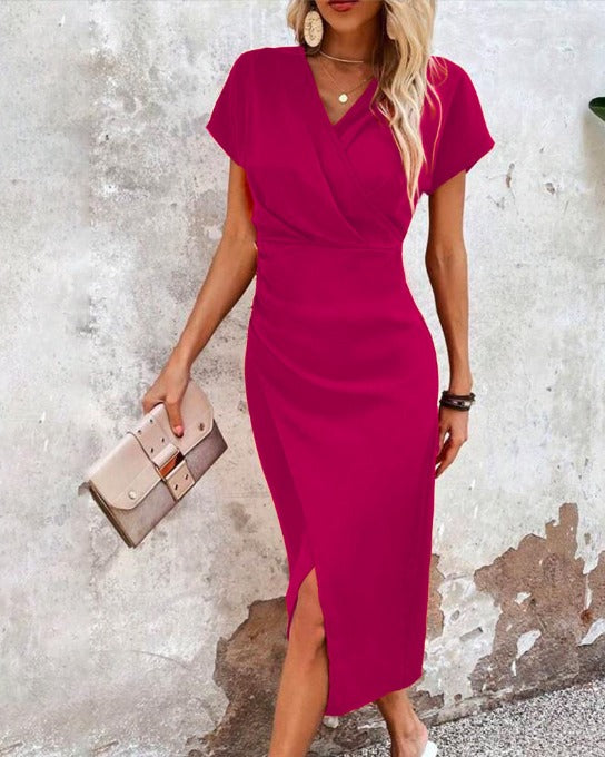 Dames Midi Jurk met V-hals en Voorsplit Donkerroze