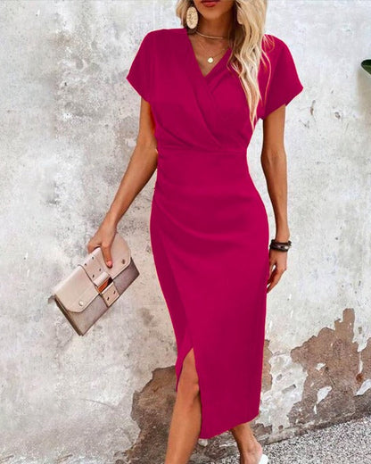 Dames Midi Jurk met V-hals en Voorsplit Donkerroze