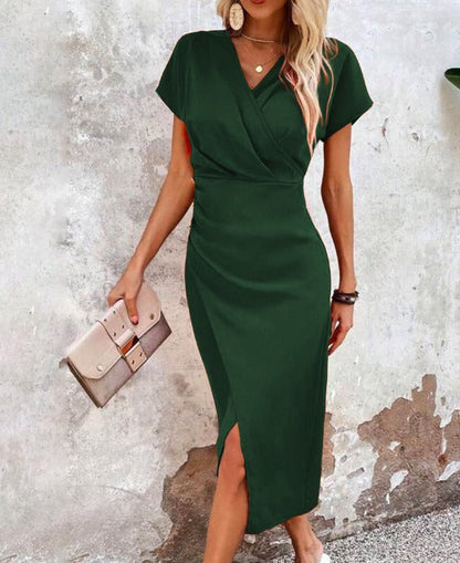 Dames Midi Jurk met V-hals en Voorsplit Groen