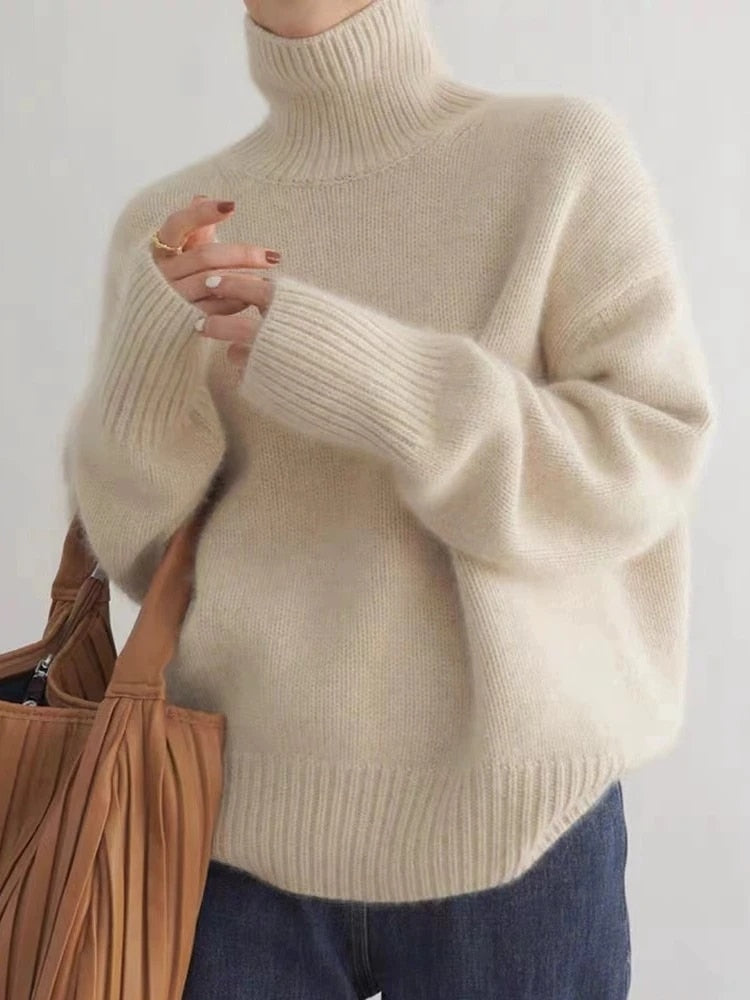 Dames Oversized Coltrui met Hoge Col en Geribde Mouwen 0