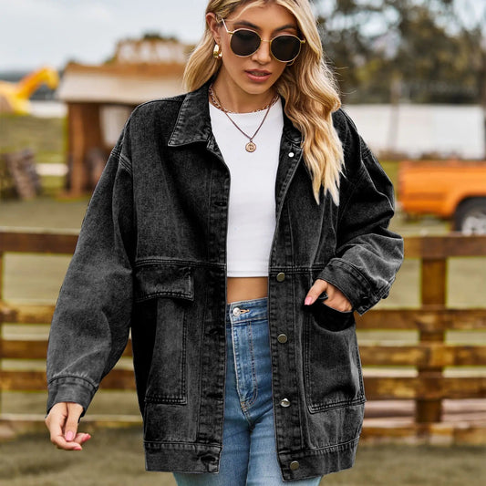 Dames Oversized Spijkerjack met Knoopsluiting en Lange Mouwen 0