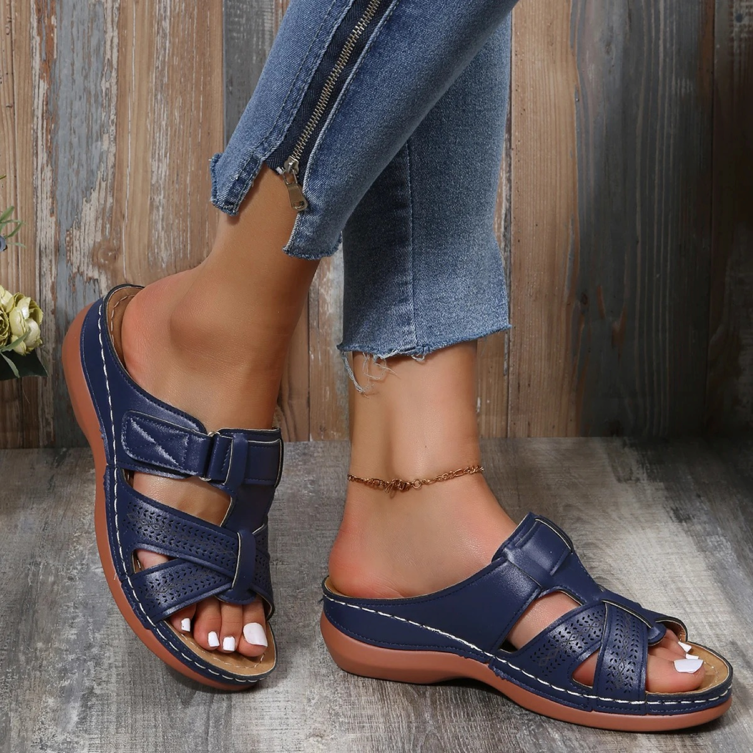 Dames Sandalen met Open Teen en Orthopedische Ondersteuning Donkerblauw