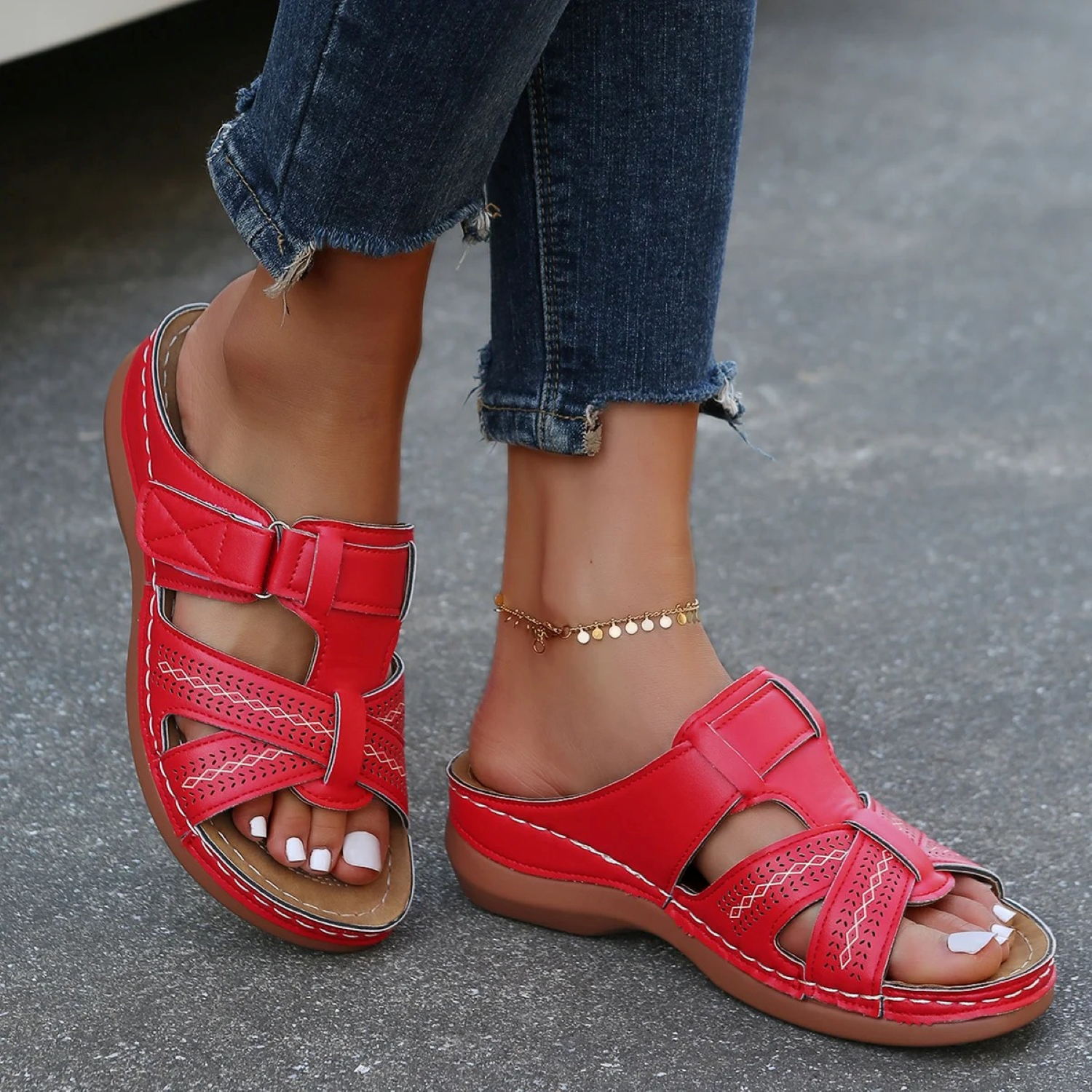 Dames Sandalen met Open Teen en Orthopedische Ondersteuning Rood