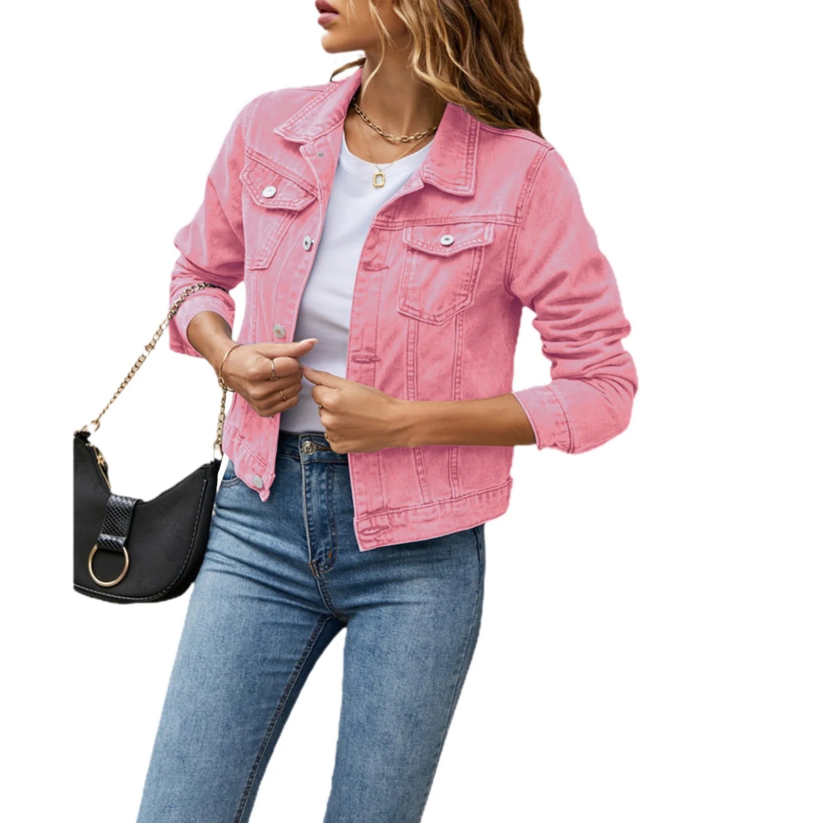 Dames Spijkerjasje met Knoopsluiting en Klassiek Ontwerp Roze