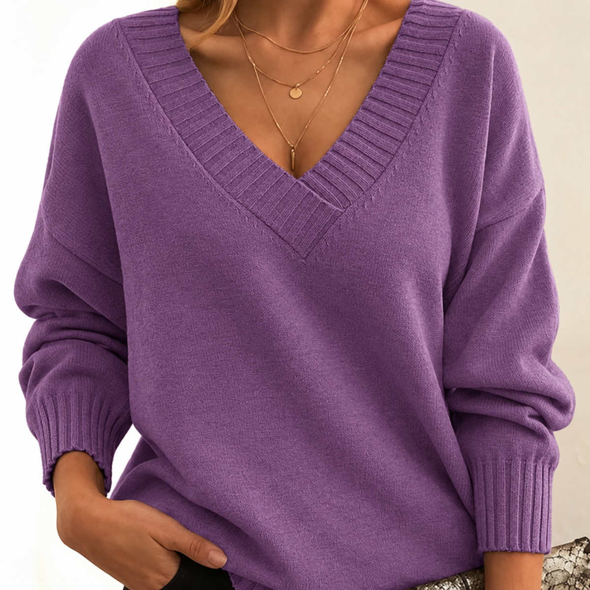 Dames Sweater met V-hals en Lange Mouwen en Geribbelde Boorden Paars