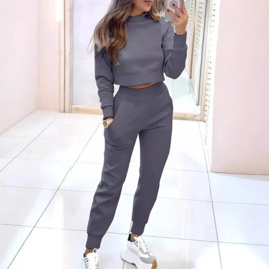 Dames Trainingspak met Cropped Sweater en Hoge Taille Broek Grijs